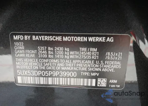 2023 BMW X3 xDrive30I из США, поврежденный, VIN 5UX53DP05P9P39900